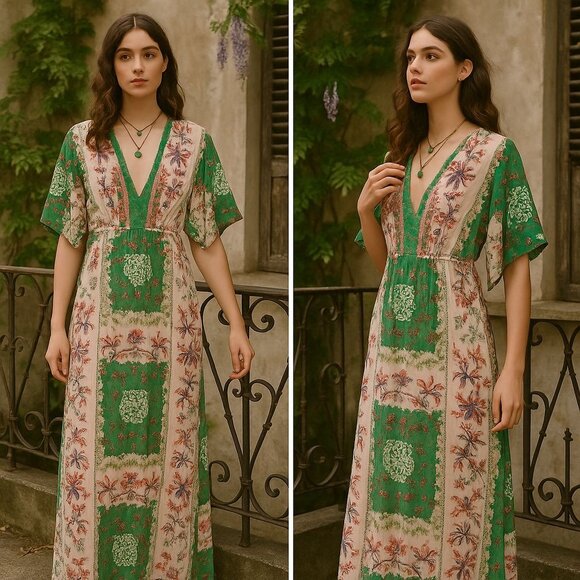 En Crème Boho Maxi Dress Green Pink M Romantic Vacation Resort Wear Festival - Picture 11 of 11